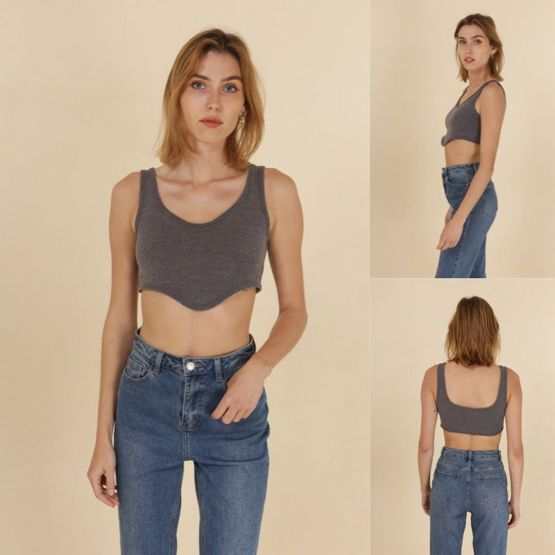 Crop Top Côtelé Gris à Encolure Originale Femme