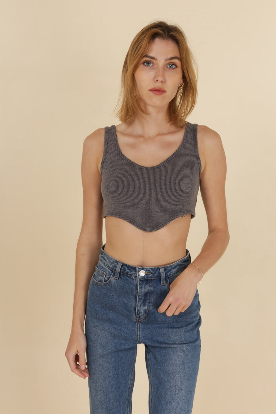Crop Top Côtelé Gris à Encolure Originale Femme