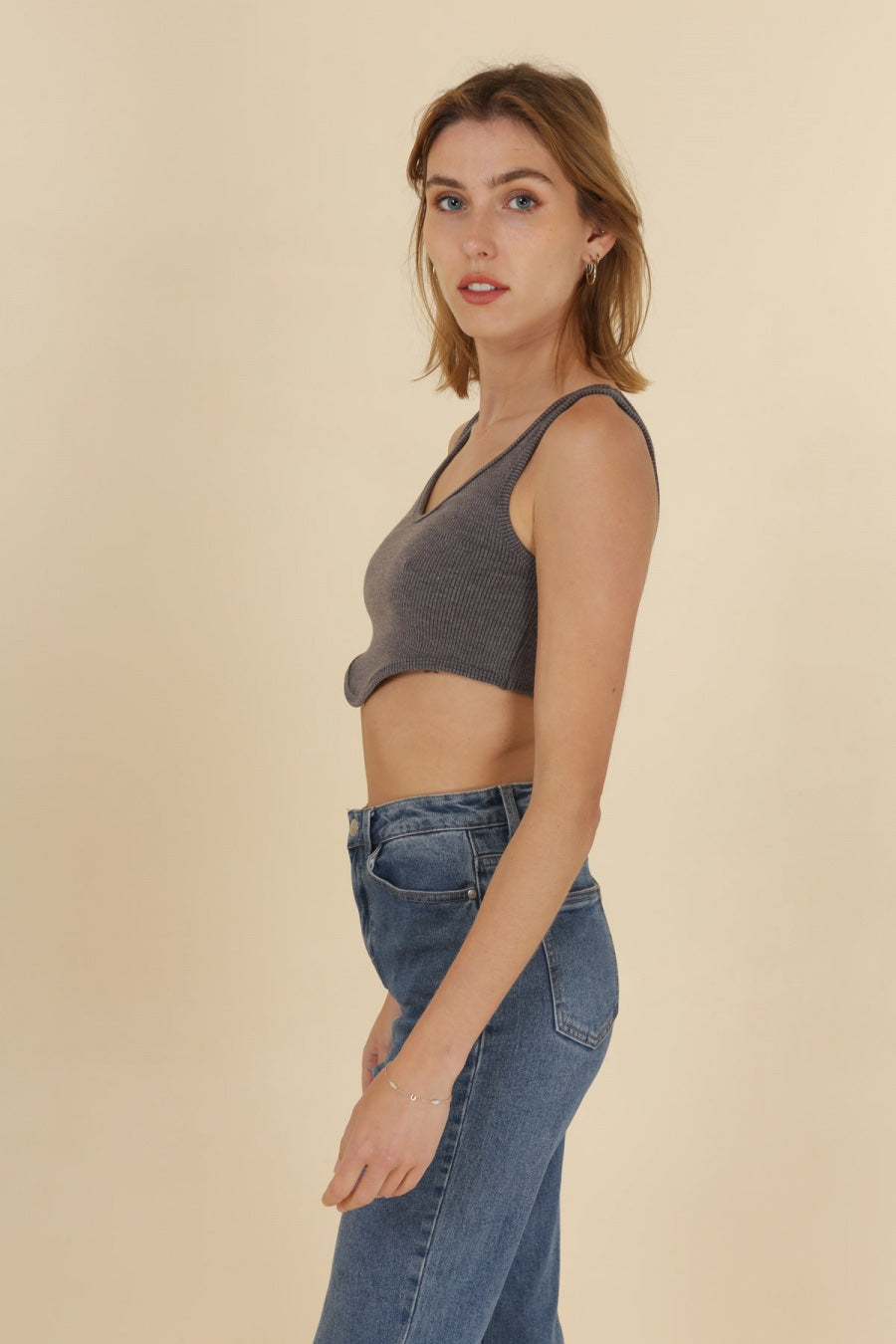 Crop Top Côtelé Gris à Encolure Originale Femme