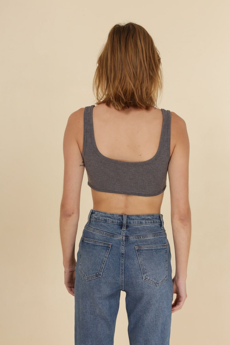 Crop Top Côtelé Gris à Encolure Originale Femme