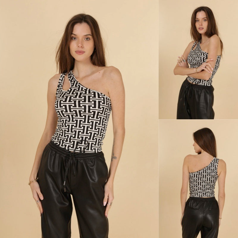 Top/Body Asymétrique Noir & Blanc - Motif Géométrique