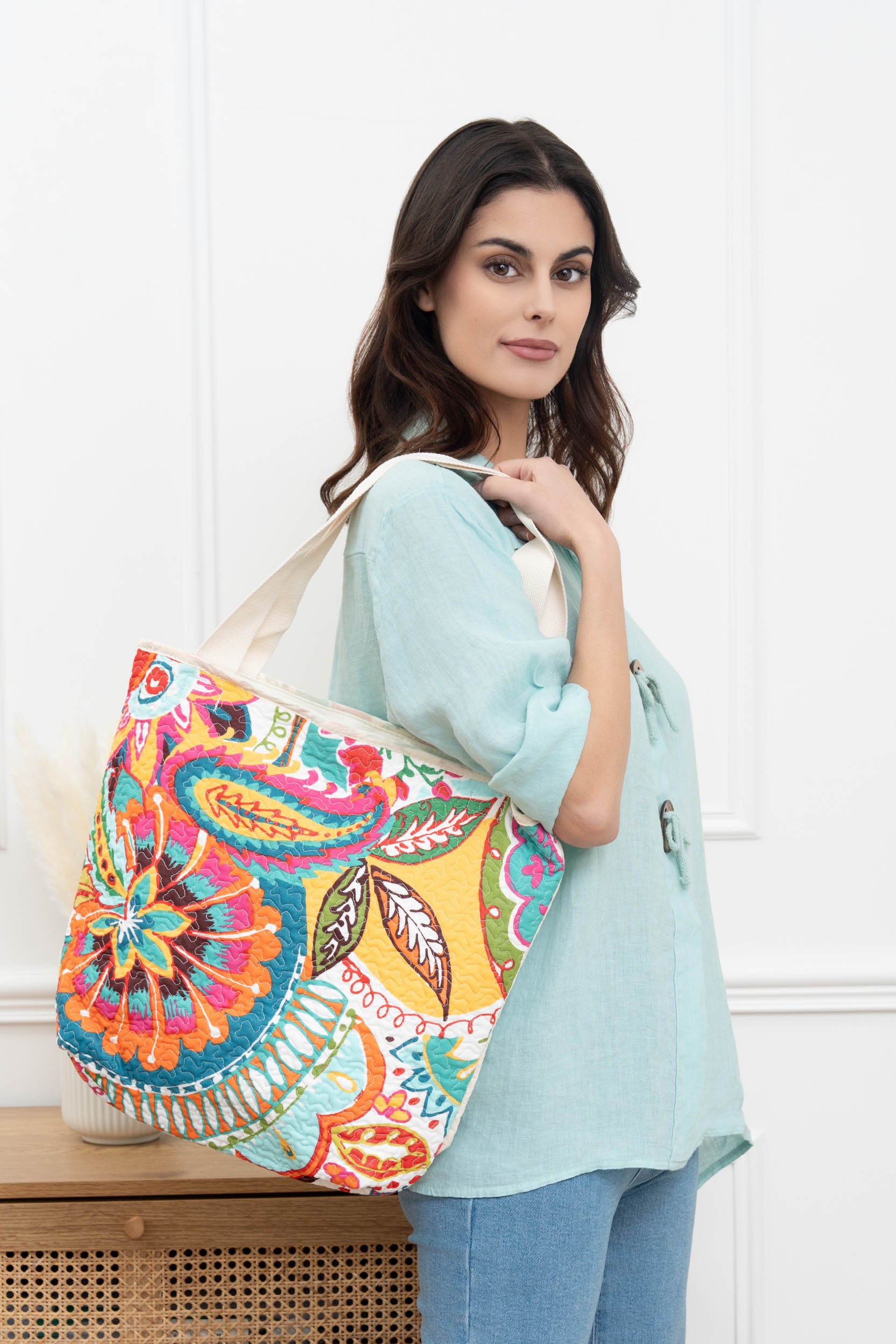 Sac cabas porté épaule coton imprimé avec zip