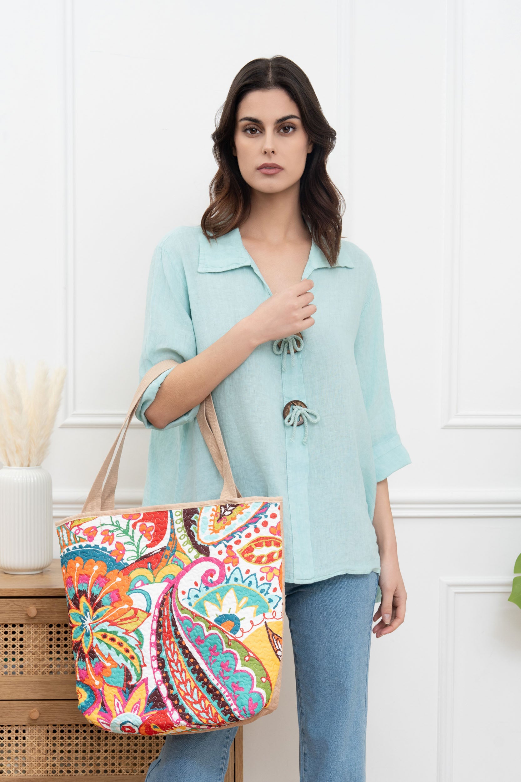 Sac cabas porté épaule coton imprimé avec zip