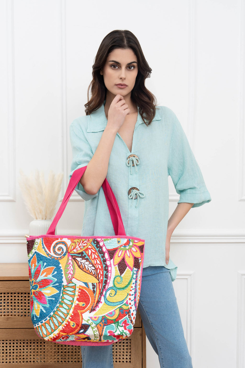 Sac cabas porté épaule coton imprimé avec zip