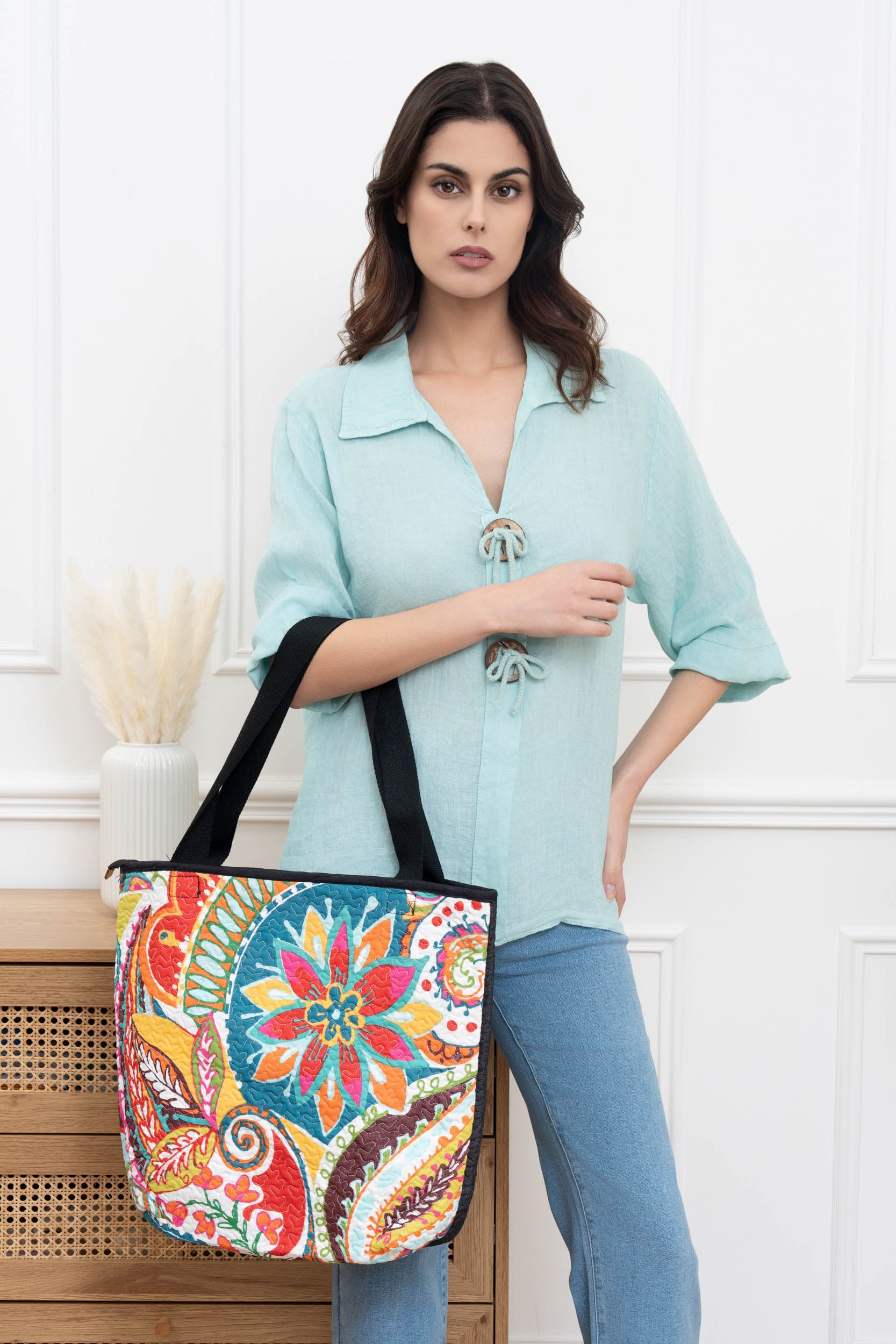 Sac cabas porté épaule coton imprimé avec zip