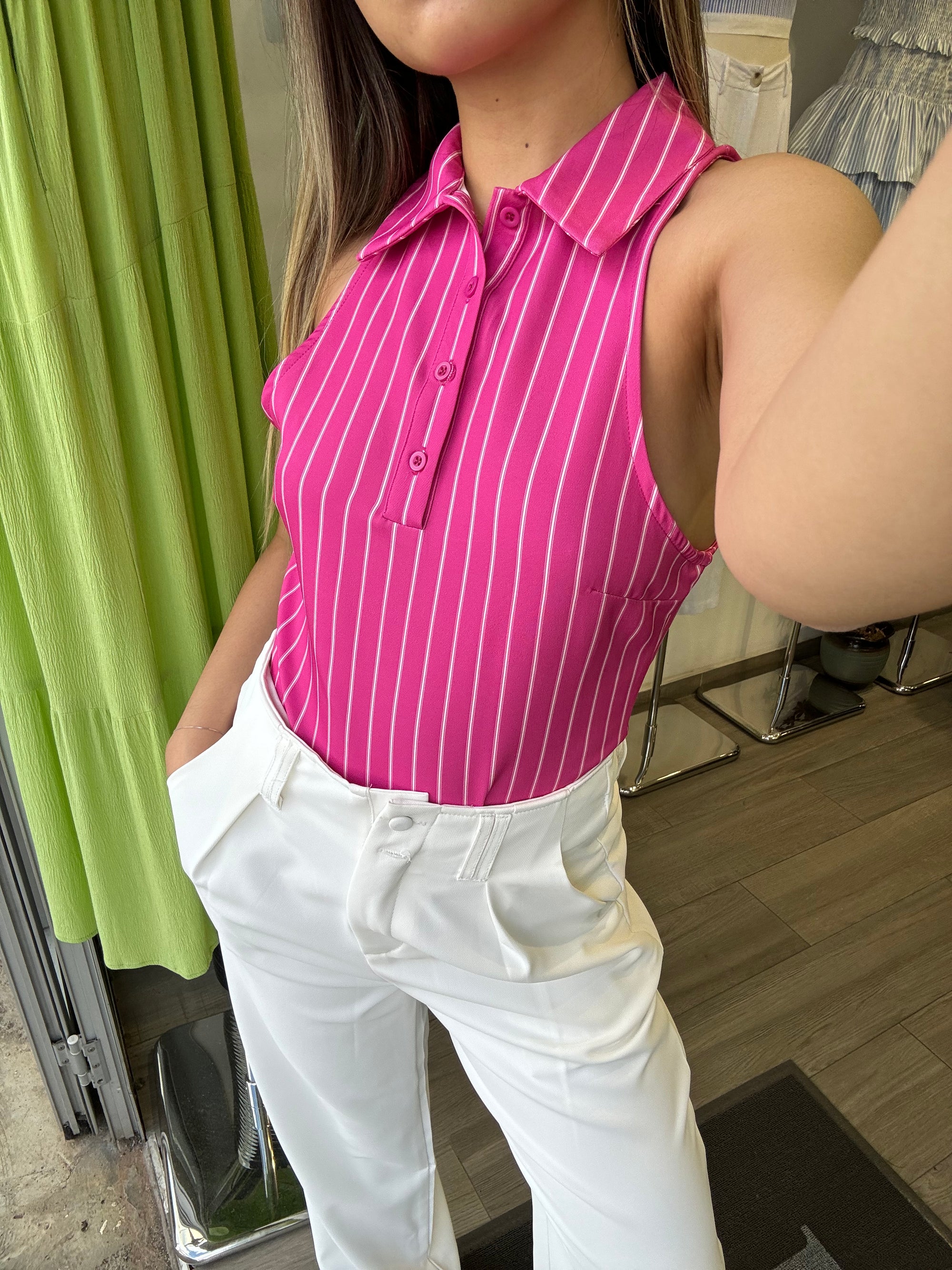 Bodysuit rayé à col polo sans manches