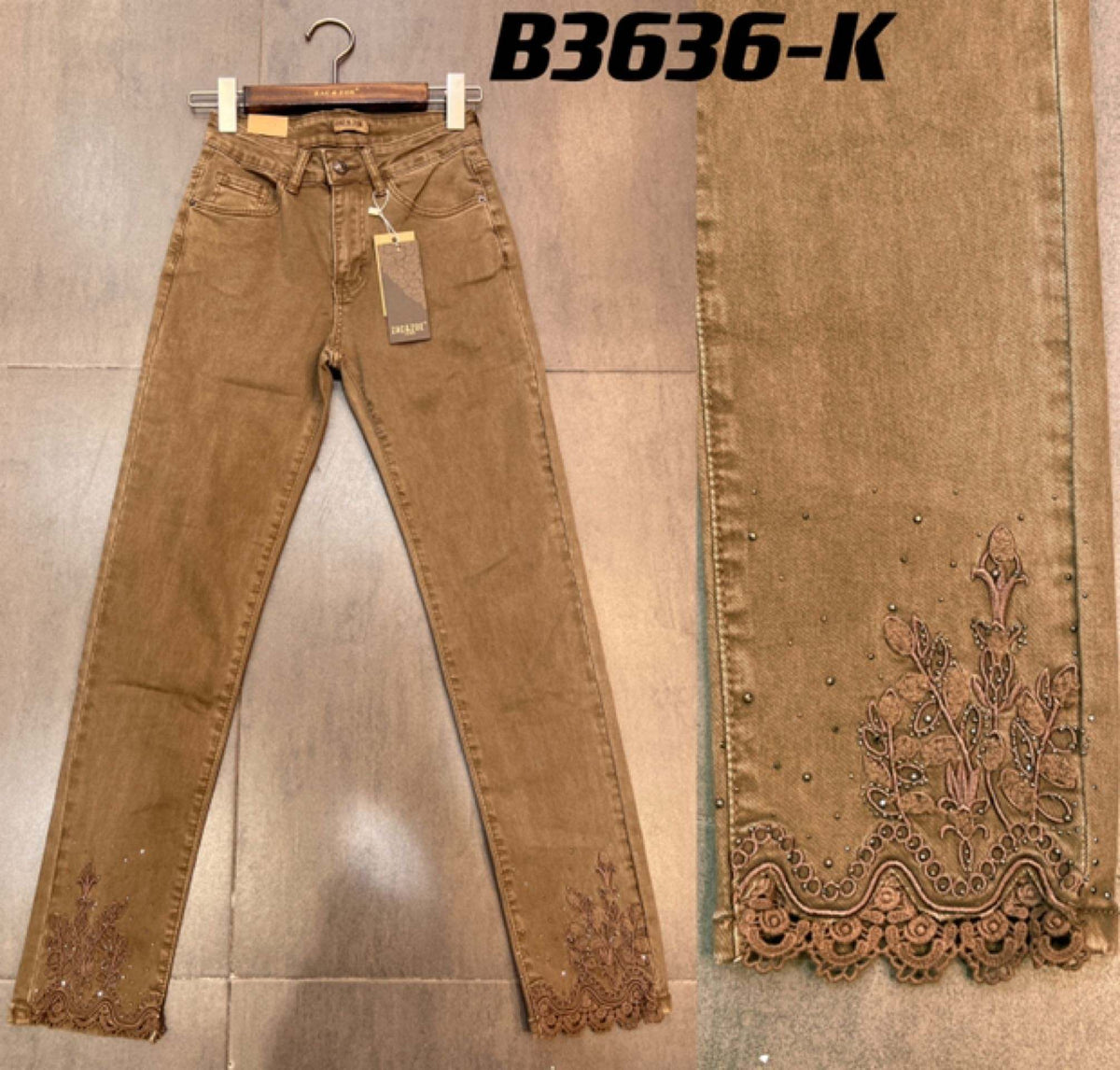 pantalon Jean Broderie florale sur le bas des jambes