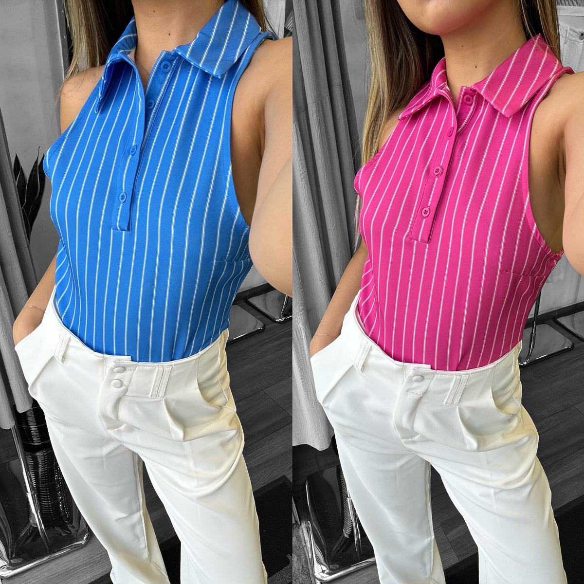 Bodysuit rayé à col polo sans manches
